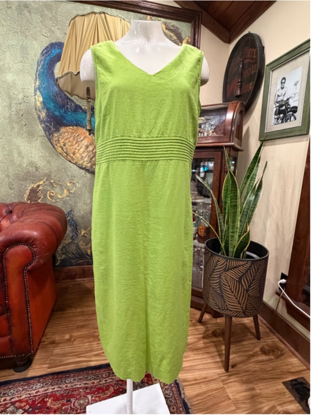 VTG MHM Melissa Harper Linen Blend Maxi Dress Green Pleated Empire Waist Sz 10 - Picture 3 of 11